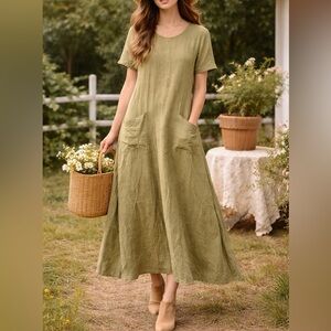 VTG FLAX Jeanne Englehart Linen Lagenlook Cottagecore Green Maxi Dress Sz Small